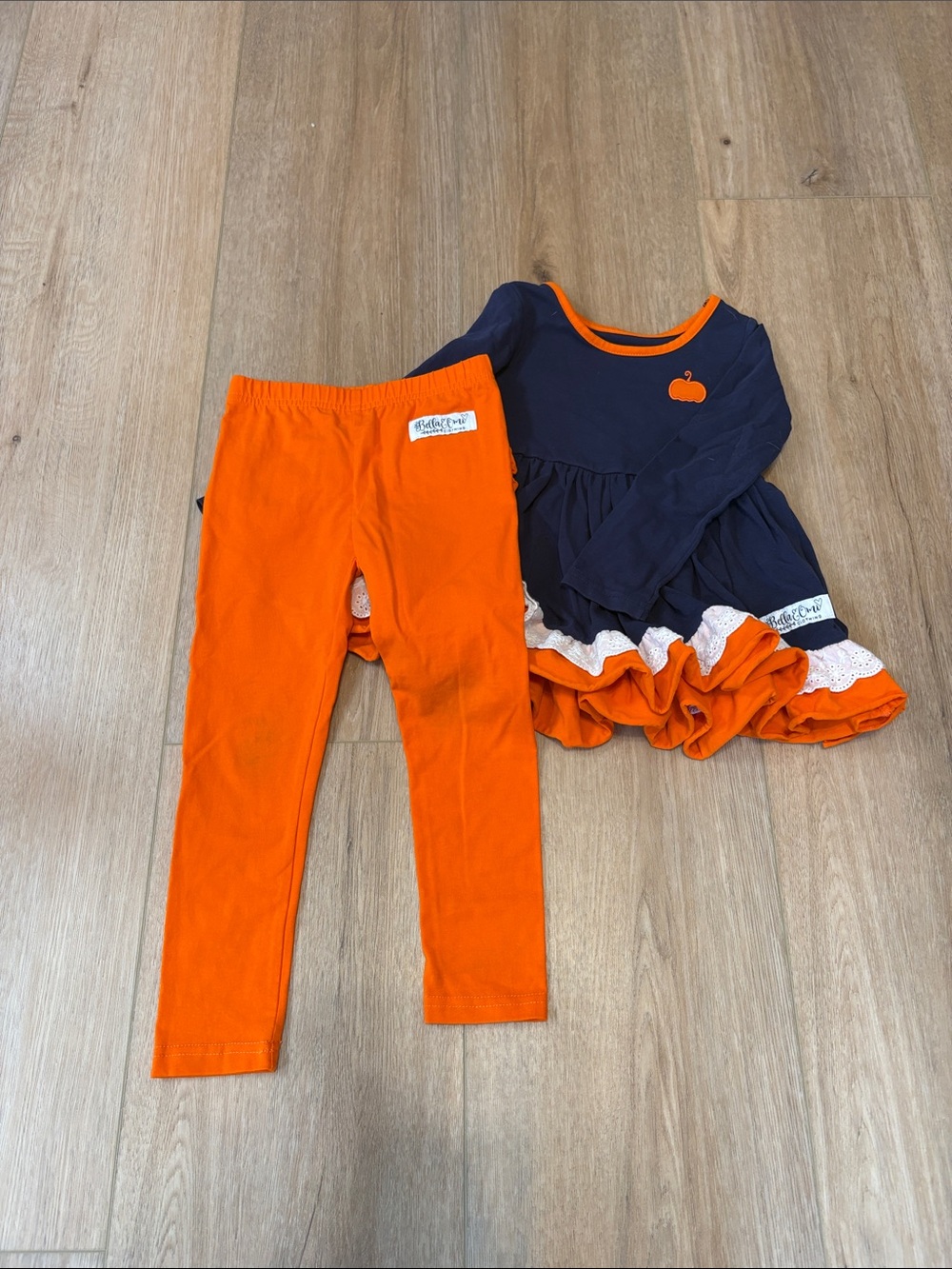 Bella & Omi Girls Navy and Orange Pumpkin Dress Set with Orange Leggings